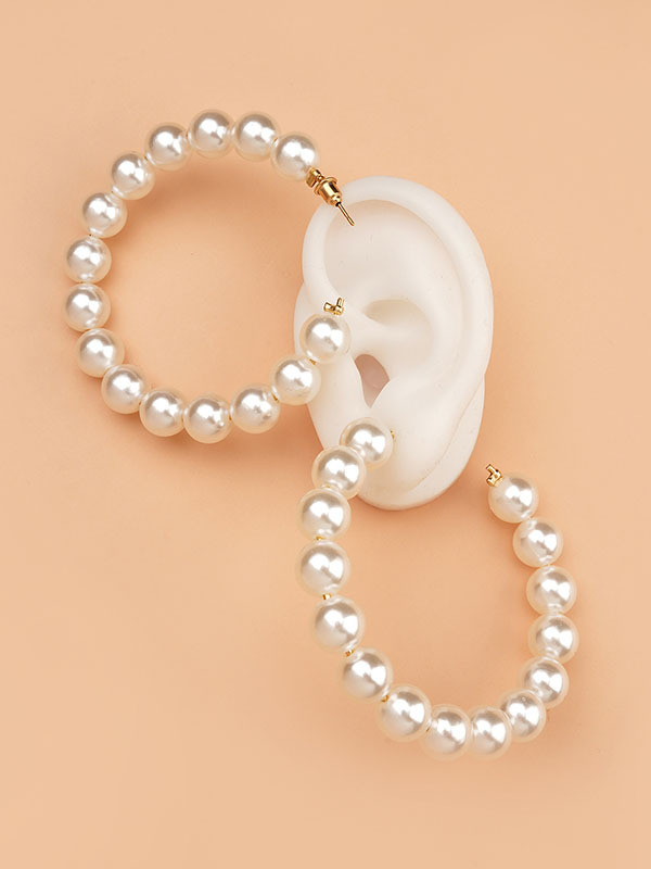 Fashion Elegant Sisterhood Pearl Beads C Shape Hoop Open Earrings-Styleame