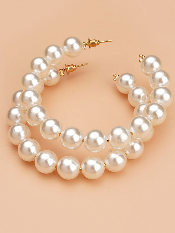 Fashion Elegant Sisterhood Pearl Beads C Shape Hoop Open Earrings-Styleame