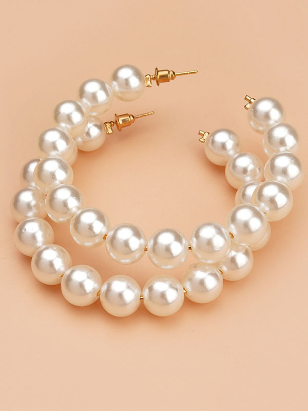 Fashion Elegant Sisterhood Pearl Beads C Shape Hoop Open Earrings-Styleame