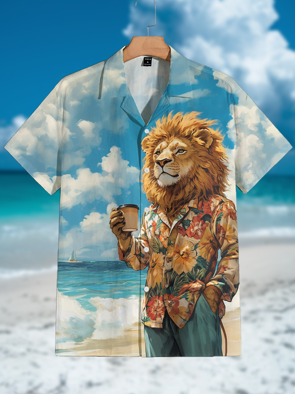 Men's Lion Drinking Coffee On The Beach Print Vacation Shirt-Styleame