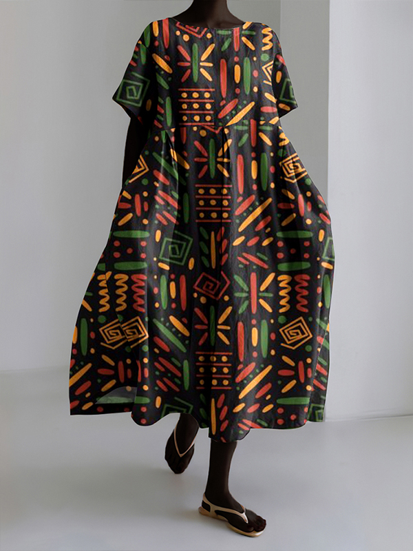 Women's African Traditional Retro Line Geometry Art Print Short Sleeve Midi Dress-Styleame
