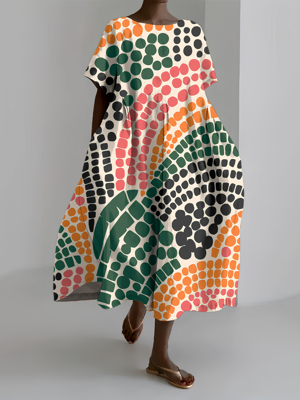 Women's Multicolor Polka Dot Geometric Art Print Short Sleeve Dress-Styleame