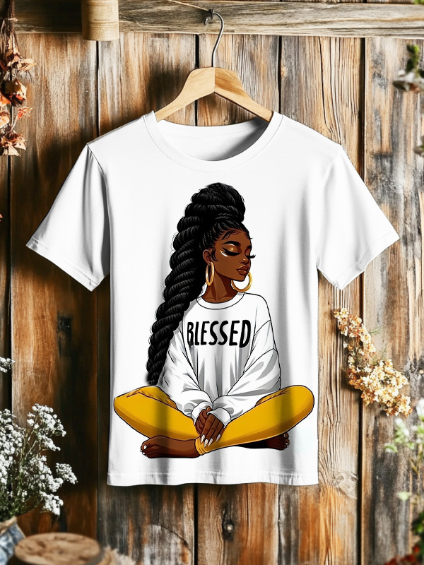 Women's Braid Black Girl Blessed Print Casual T-Shirt-Styleame