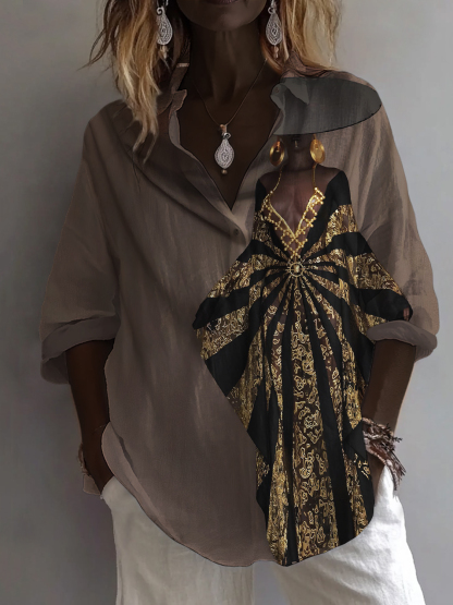 Women's Black Golden Dress Woman Print Long Sleeve Shirt-Styleame