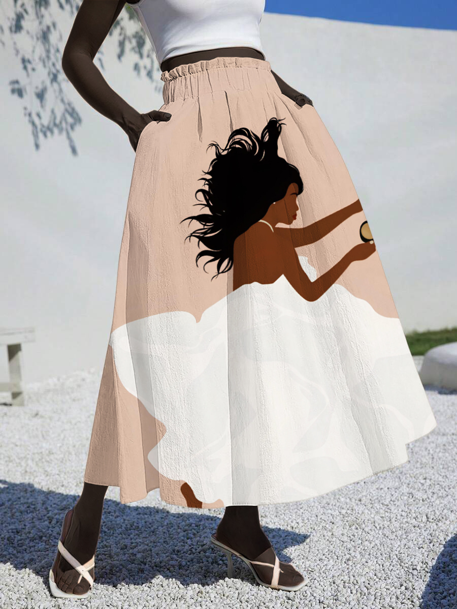 Women's Black Woman In White Dress Art Print Skirt​-Styleame