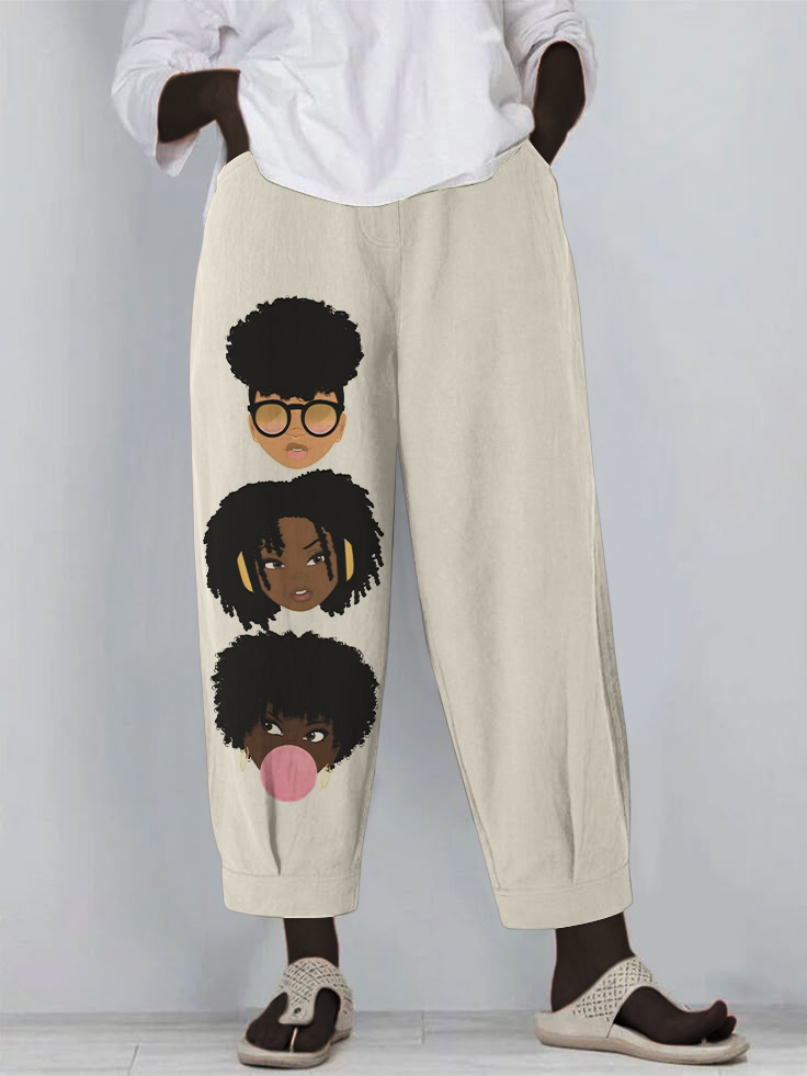 Women's Afro Girl Art Print Casual Crop Sweatpants-Styleame