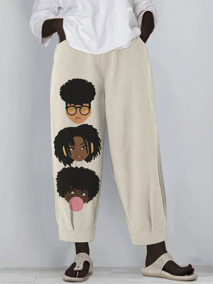 Women's Afro Girl Art Print Casual Crop Sweatpants-Styleame