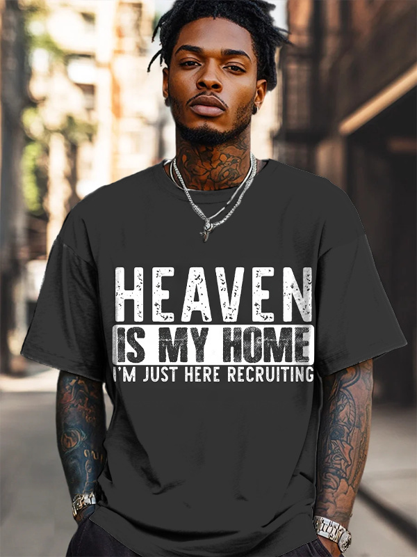 Men's Heaven Is My Home I'm Just Here Recruiting Print Cotton Casual T-Shirt-Styleame