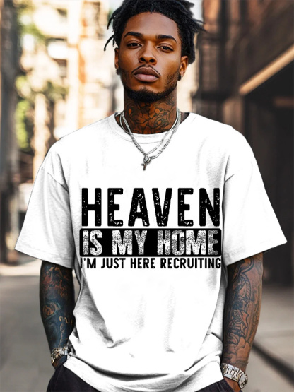 Men's Heaven Is My Home I'm Just Here Recruiting Print Cotton Casual T-Shirt-Styleame