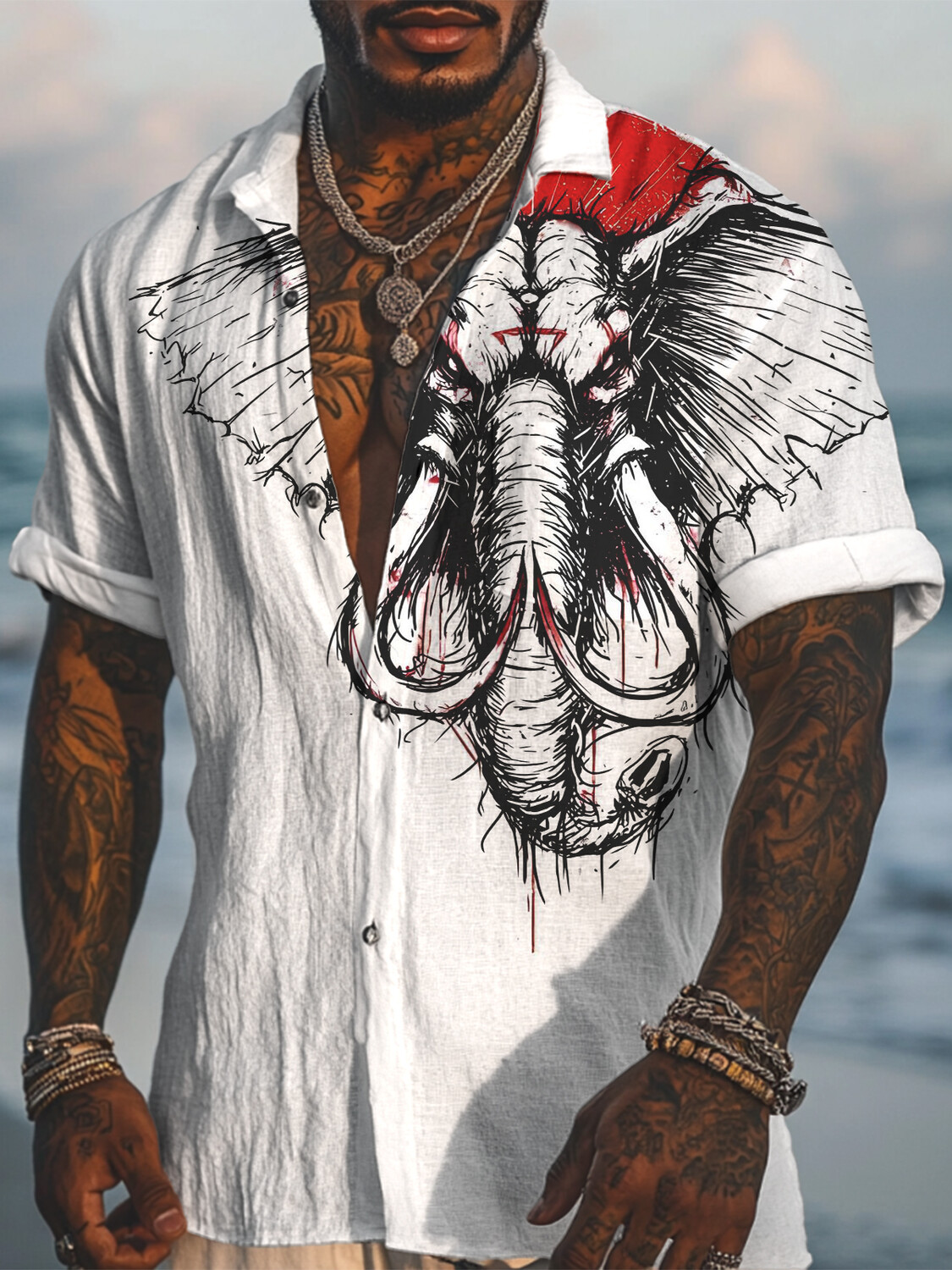 Men's Sketch Art Elephant Print Short Sleeve Shirt-Styleame