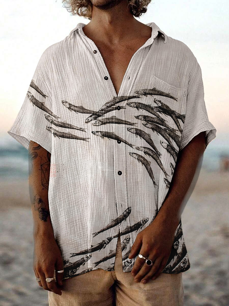 Men's Marine Art Shoal Of Fish Print Short Sleeve Shirt-Styleame