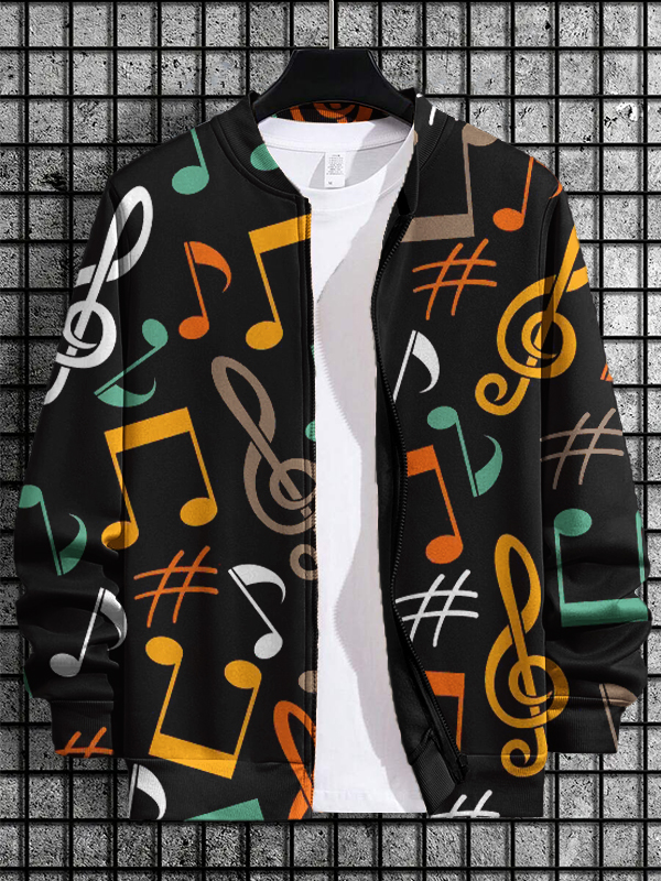 Men's Colored Musical Notes Print Casual Zip Up Jacket-Styleame