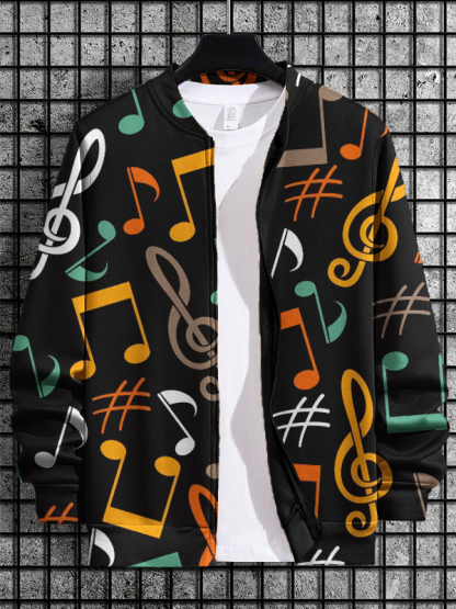 Men's Colored Musical Notes Print Casual Zip Up Jacket-Styleame