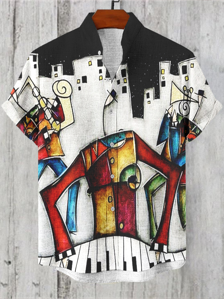 Men's African Ethnic Color Block Music Print Short Sleeve Shirt-Styleame