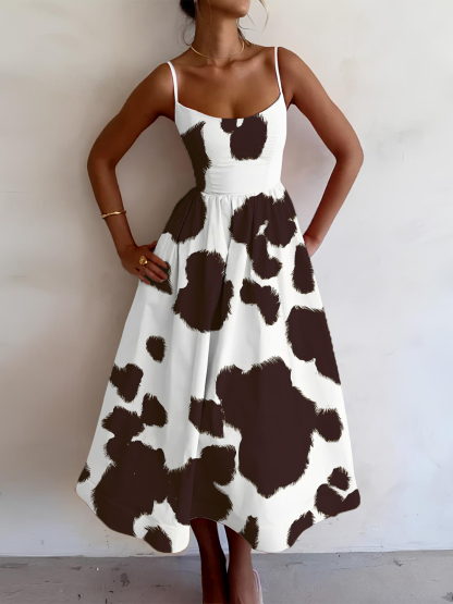 Women'S Retro Western Yak Pattern Print Cami Midi Dress-Styleame