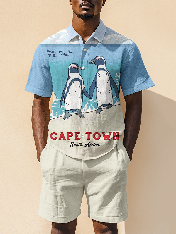Men's Cape Town South Africa Penguins Print Short Sleeve Shirt Set-Styleame