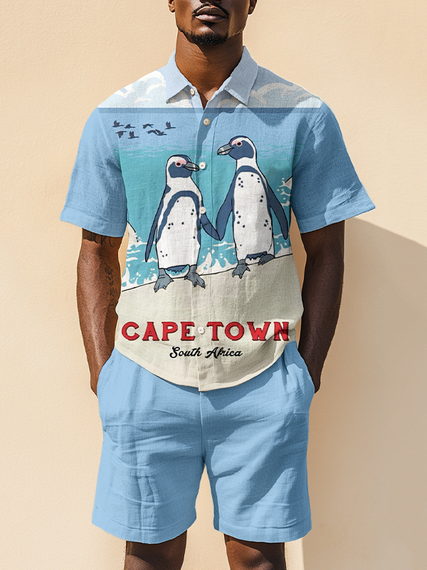 Men's Cape Town South Africa Penguins Print Short Sleeve Shirt Set-Styleame