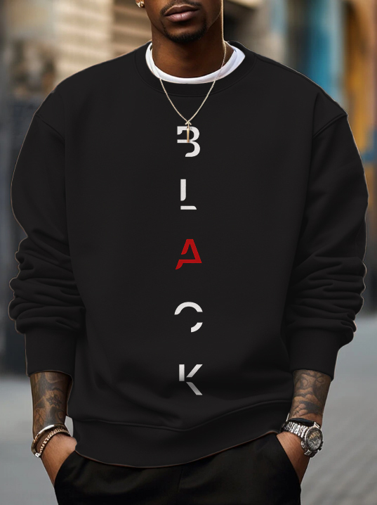 Men's Black Letter Print Cotton Casual Sweatshirt-Styleame