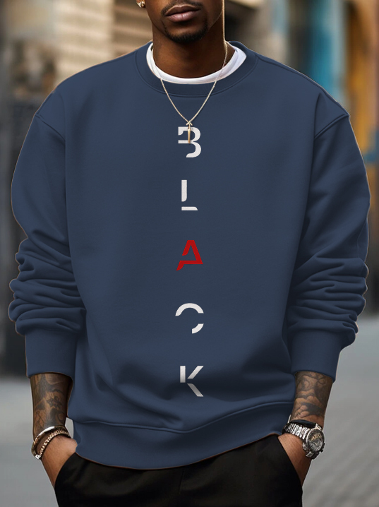 Men's Black Letter Print Cotton Casual Sweatshirt-Styleame