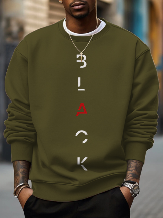 Men's Black Letter Print Cotton Casual Sweatshirt-Styleame