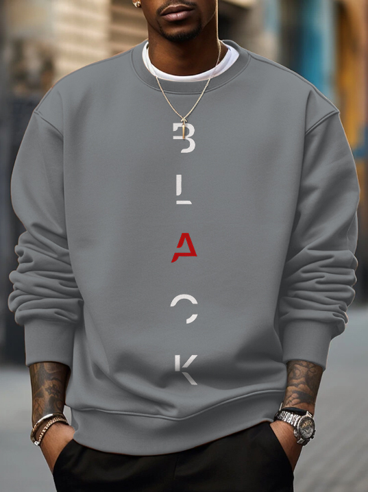 Men's Black Letter Print Cotton Casual Sweatshirt-Styleame