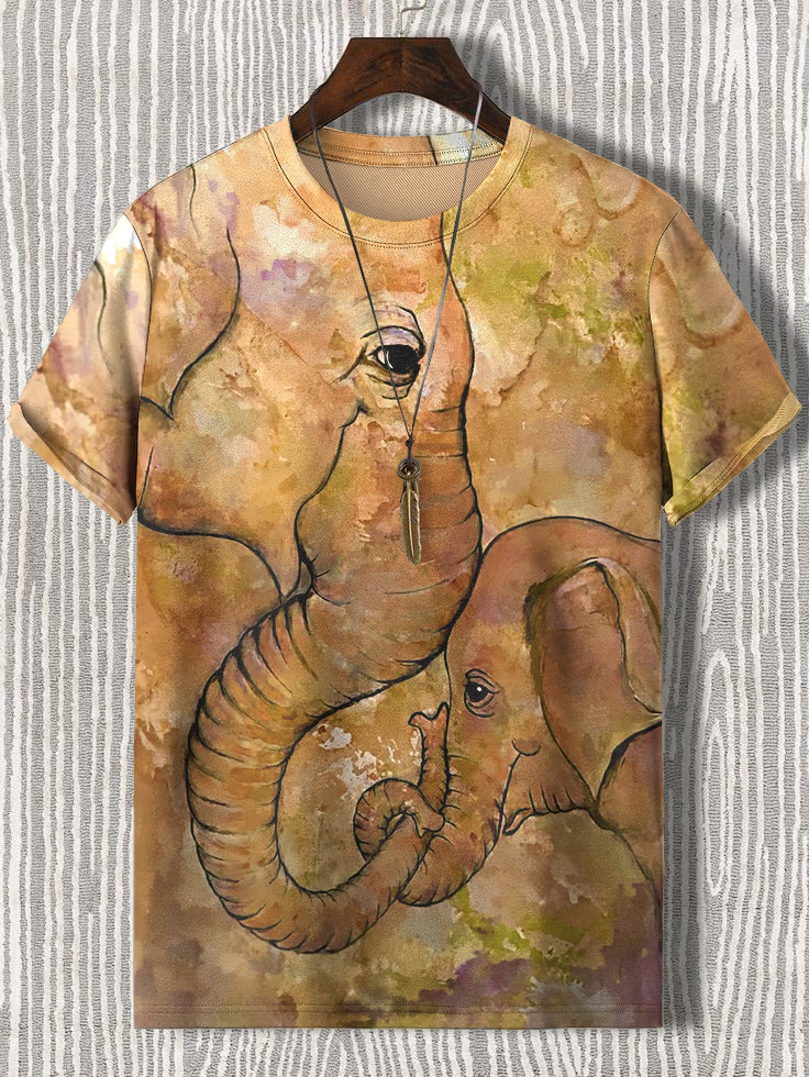 Men's Elephant And Baby Elephant Watercolor Art Print Casual T-Shirt-Styleame