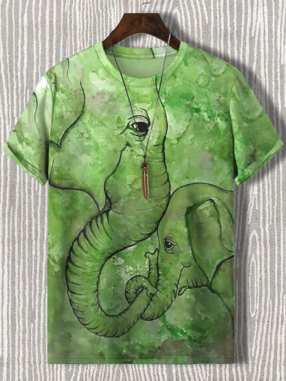Men's Elephant And Baby Elephant Watercolor Art Print Casual T-Shirt-Styleame