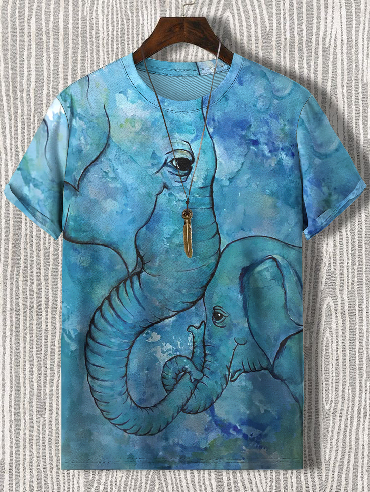 Men's Elephant And Baby Elephant Watercolor Art Print Casual T-Shirt-Styleame