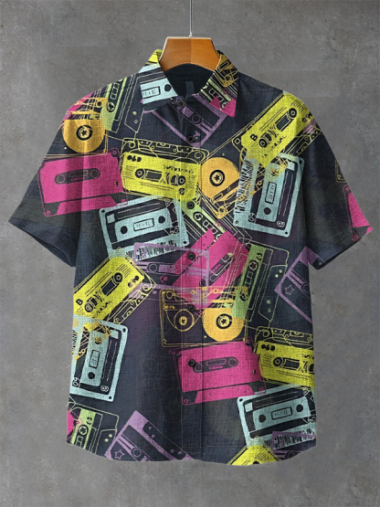 Men's Retro Cassette Tape Print Short Sleeve Shirt-Styleame