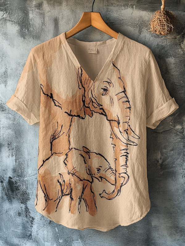 Women's Elephant Mother And Baby Elephant Lovely Art Print V Neck T-Shirt-Styleame