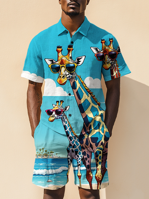 Men's Giraffe Beach Vacation Art Print Short Sleeve Shirt Set-Styleame