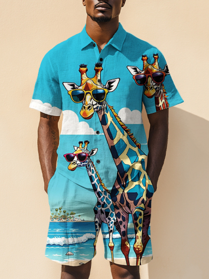 Men's Giraffe Beach Vacation Art Print Short Sleeve Shirt Set-Styleame