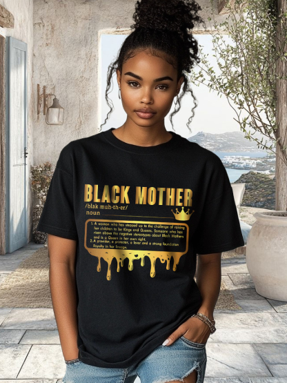 Women's Black Mother Art Print Casual T-Shirt-Styleame