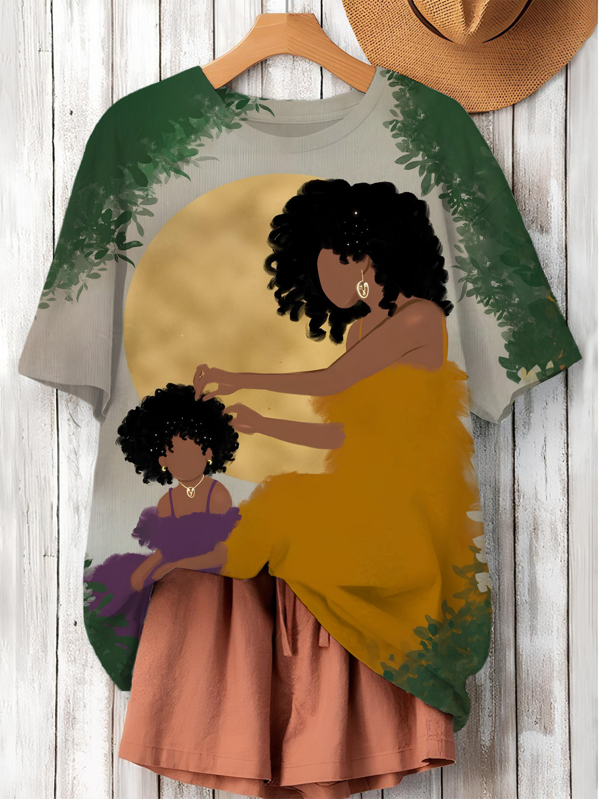 Women's Black Mother Combing Her Daughter's Hair Art Print Casual T-Shirt-Styleame