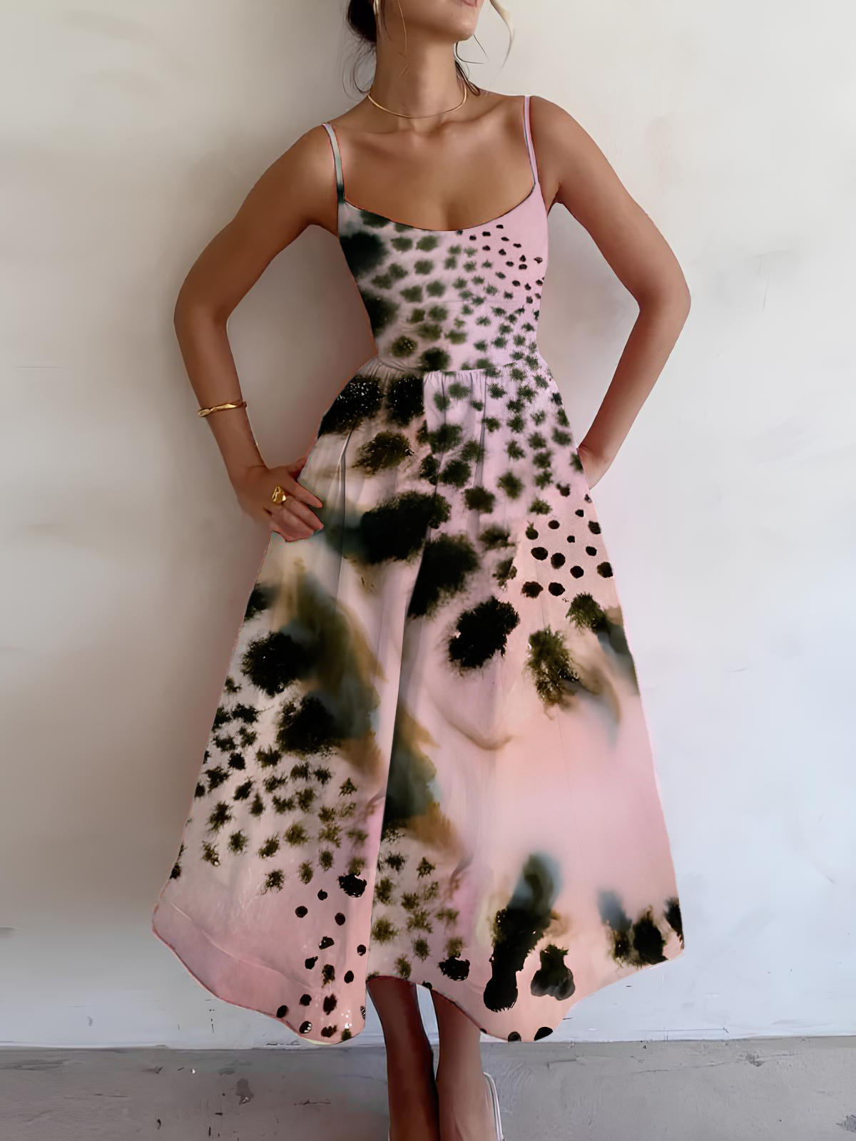 Women's Watercolor Leopard Print Cami Midi Dress-Styleame