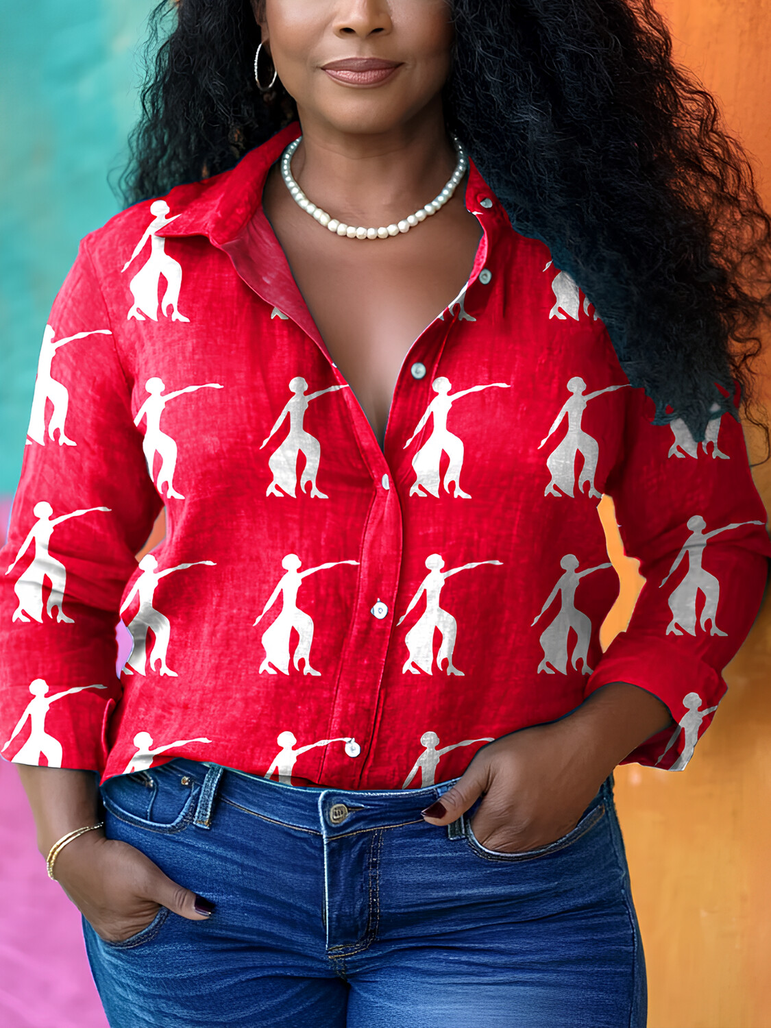 Women's Fashion Red Sisterhood Print Long Sleeve Shirt-Styleame