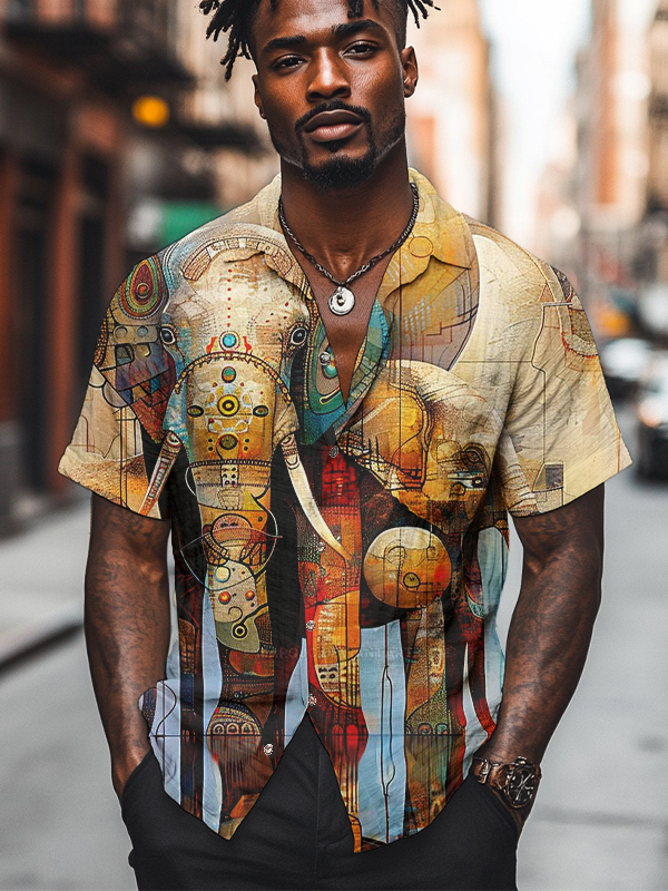Men's Elephant Abstract Art Print Short Sleeve Shirt-Styleame