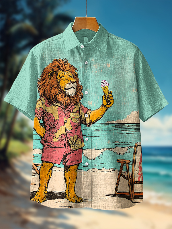 Men's Lion On Vacation Art Print Short Sleeve Shirt-Styleame
