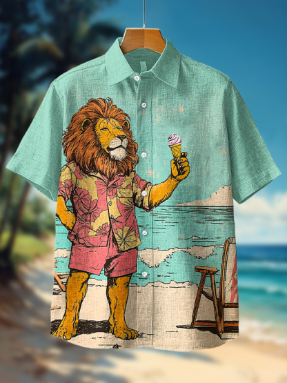 Men's Lion On Vacation Art Print Short Sleeve Shirt-Styleame
