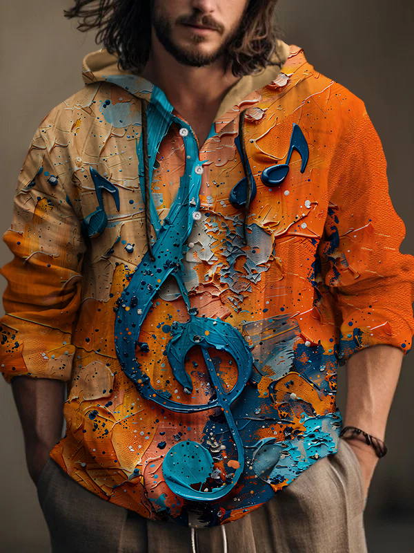 Men's Music Note Oil Painting Art Print Hooded Shirt-Styleame