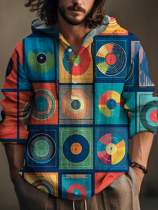 Men's Retro Records Colorblock Art Print Hooded Shirt-Styleame