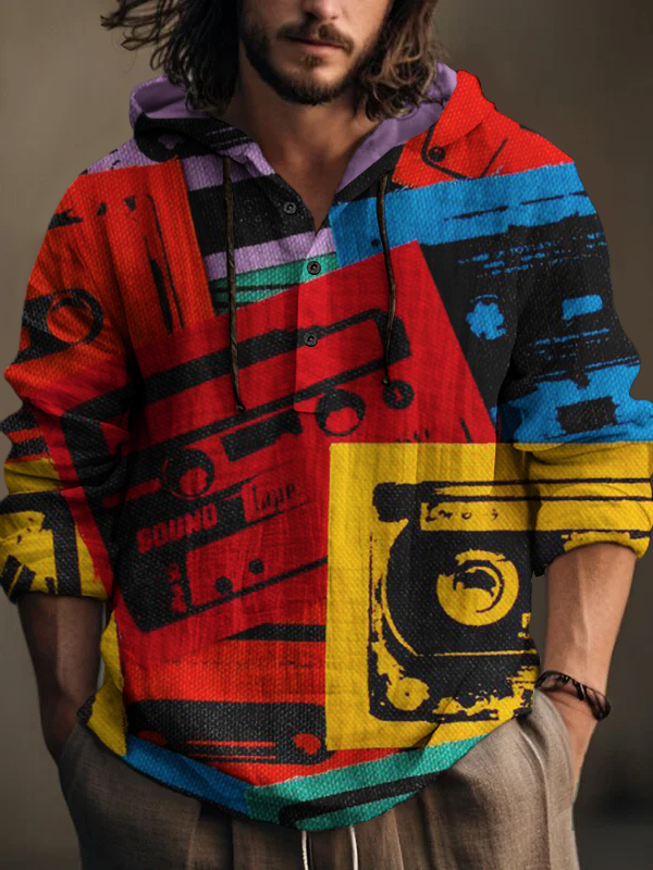 Men's Color Cassette Tape Art Print Hooded Shirt-Styleame