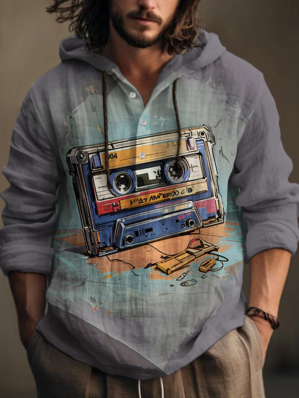 Men's Vintage Cassette Tape Print Hooded Shirt-Styleame