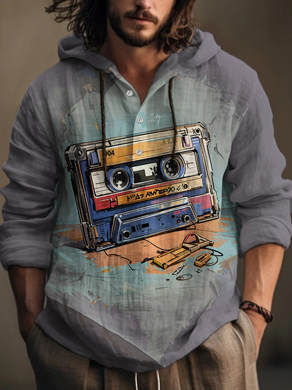 Men's Vintage Cassette Tape Print Hooded Shirt-Styleame