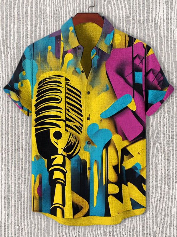 Men's Retro Music Mic Graffiti Art Print Shirt-Styleame