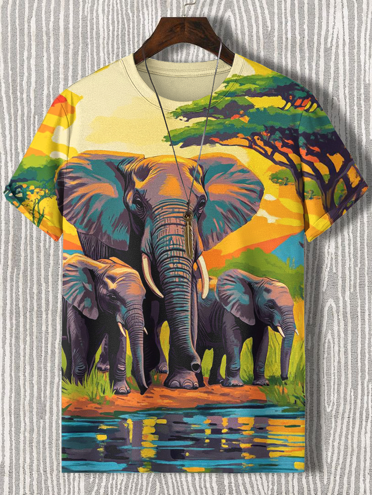 Men's Elephant Family Print Casual T-Shirt-Styleame