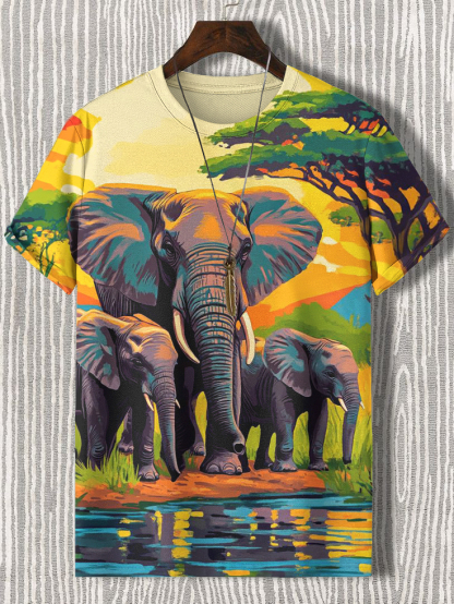 Men's Elephant Family Print Casual T-Shirt-Styleame