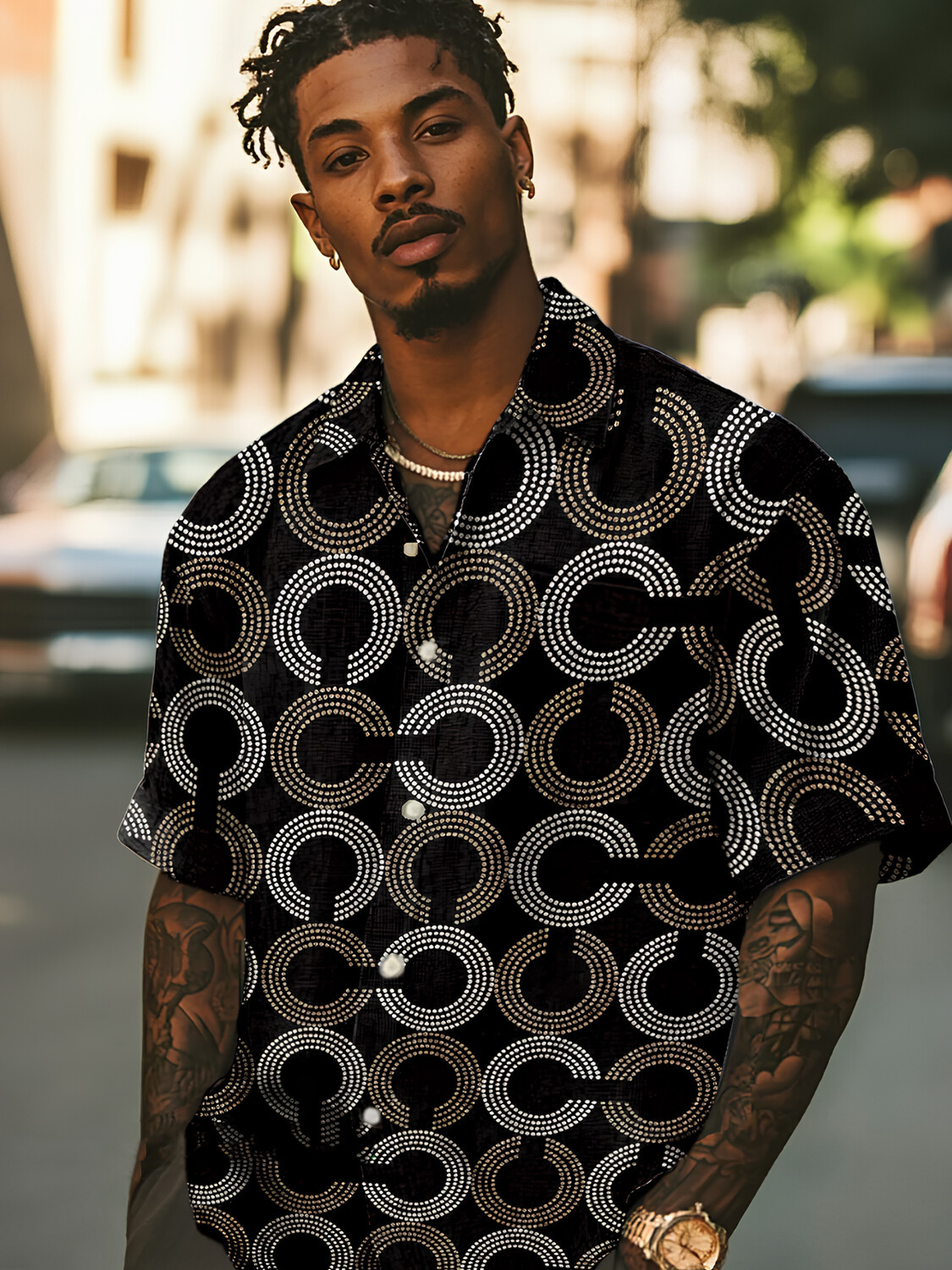 Men's Retro Circle Stripes Art Print Casual Shirt-Styleame