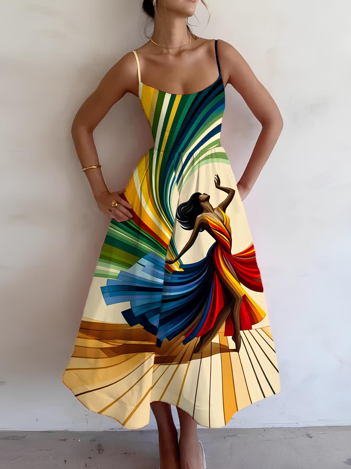 Women's Dancing Black Woman Print Cami Midi Dress-Styleame