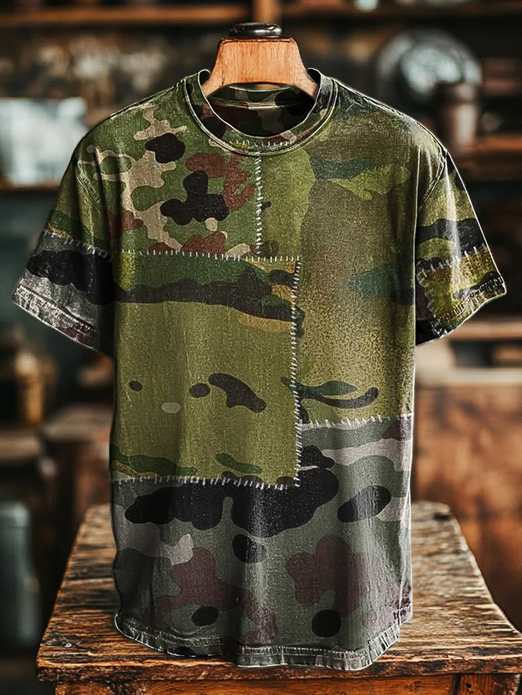 Men's Retro Camouflage Patchwork Art Print T-Shirt-Styleame